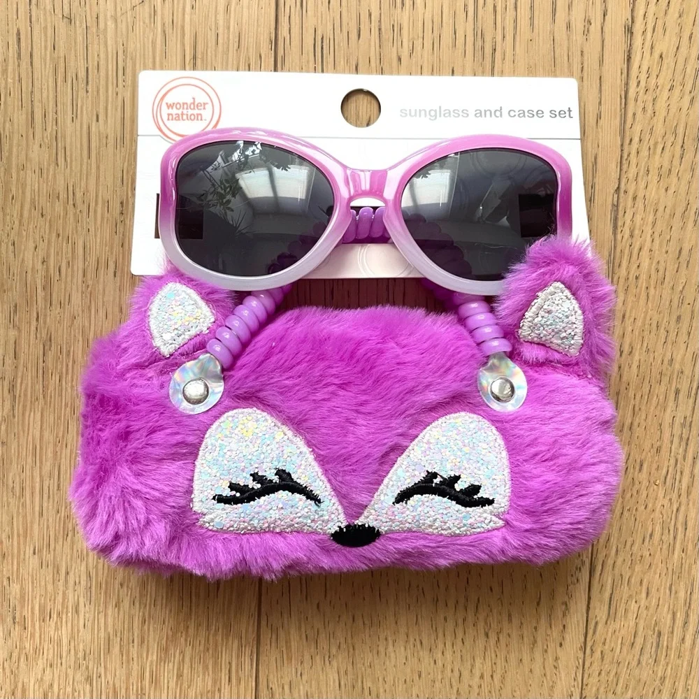 Girls Pink Sunglasses And Fuzzy Hot Pink Fox Case Set